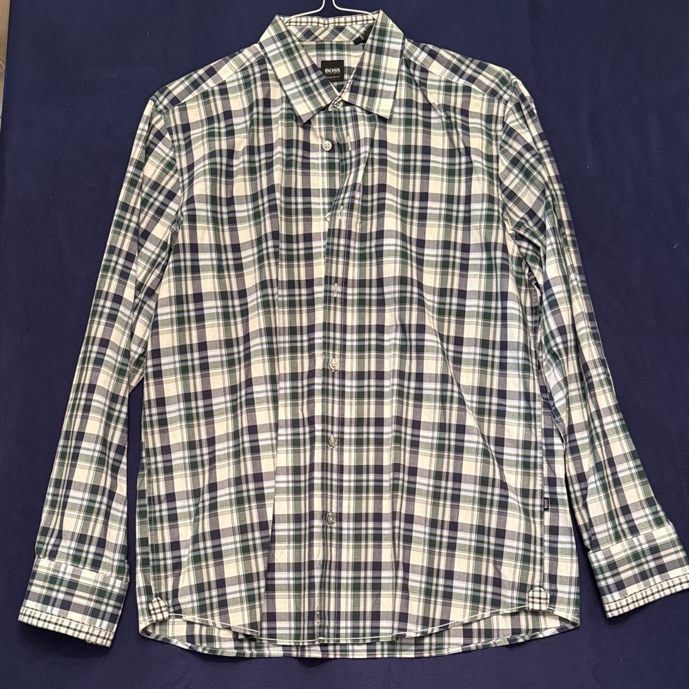 Boss Men's Blue, Green, and White Plaid Button Down Shirt